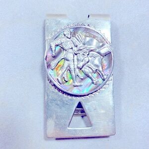 Vintage MB Mexico Inlayed Abalone Shell Money Clip Artistic Bull Fighter Graphic